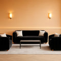 Black Velvet Tufted Sofa Set 3 Piece With Gold Metal Legs