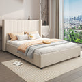 NNEDSZ King Size High Rise Headboard Linen Beige Fabric Four MDF Drawers with Wheels Bed Frame