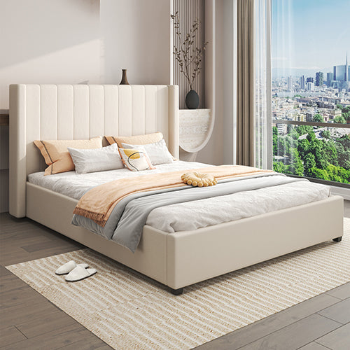 NNEDSZ King Size High Rise Headboard Linen Beige Fabric Four MDF Drawers with Wheels Bed Frame
