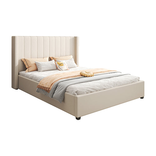 NNEDSZ King Size High Rise Headboard Linen Beige Fabric Four MDF Drawers with Wheels Bed Frame