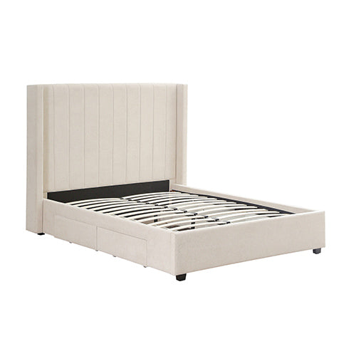 NNEDSZ King Size High Rise Headboard Linen Beige Fabric Four MDF Drawers with Wheels Bed Frame