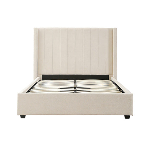 NNEDSZ King Size High Rise Headboard Linen Beige Fabric Four MDF Drawers with Wheels Bed Frame