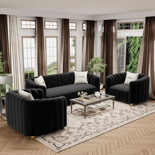 Black Velvet Tufted Sofa Set 3 Piece With Gold Metal Legs